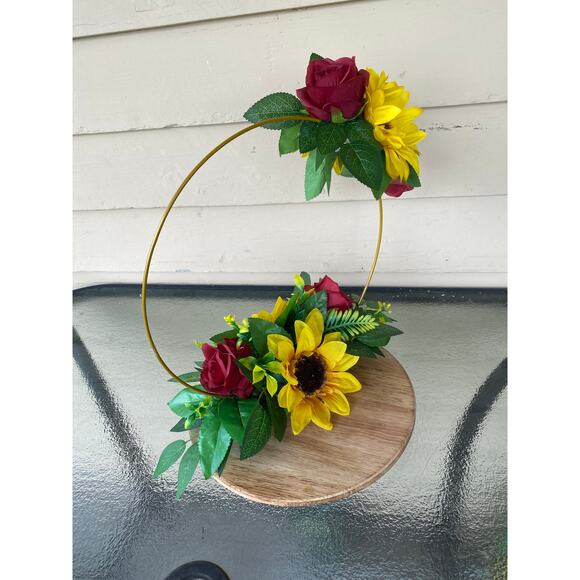 Sunflower & Rose Hoop Centerpiece Wreath | Modern Farmhouse Fall Decor - Picture 7 of 9